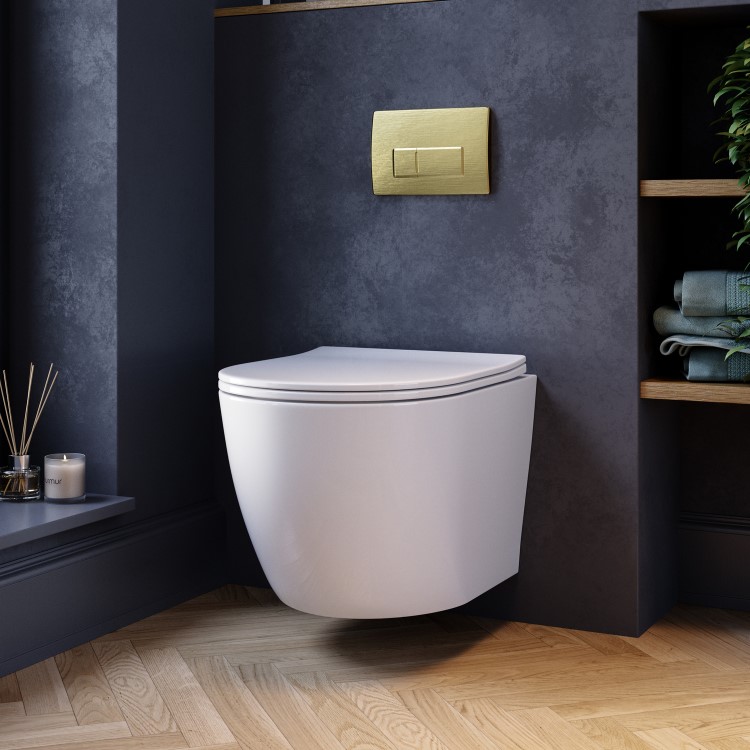 White Wall Hung Toilet with Soft Close Seat, Brushed Brass Pneumatic Flush Plate, 820mm Frame & Cistern - Roma