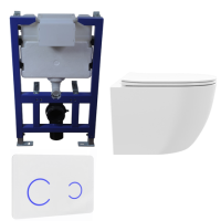 White Wall Hung Toilet with Soft Close Seat, White Glass Sensor Pneumatic Flush Plate, 820mm Frame & Cistern - Roma