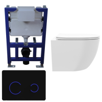 White Wall Hung Toilet with Soft Close Seat, Black Glass Sensor Pneumatic Flush Plate, 820mm Frame & Cistern - Roma