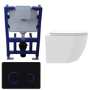 White Wall Hung Toilet with Soft Close Seat, Black Glass Sensor Pneumatic Flush Plate, 820mm Frame & Cistern - Roma