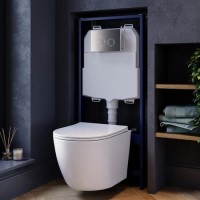 White Wall Hung Toilet with Soft Close Seat, Chrome Mechanical Flush Plate with 1160mm Frame & Cistern - Roma