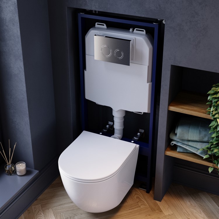 White Wall Hung Toilet with Soft Close Seat, Chrome Mechanical Flush Plate with 1160mm Frame & Cistern - Roma