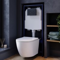 White Wall Hung Toilet with Soft Close Seat, Black Mechanical Flush Plate with 1160mm Frame & Cistern - Roma