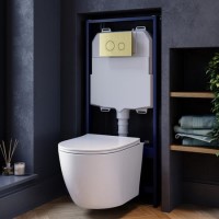 White Wall Hung Toilet with Soft Close Seat, Brushed Brass Mechanical Flush Plate with 1160mm Frame & Cistern - Roma