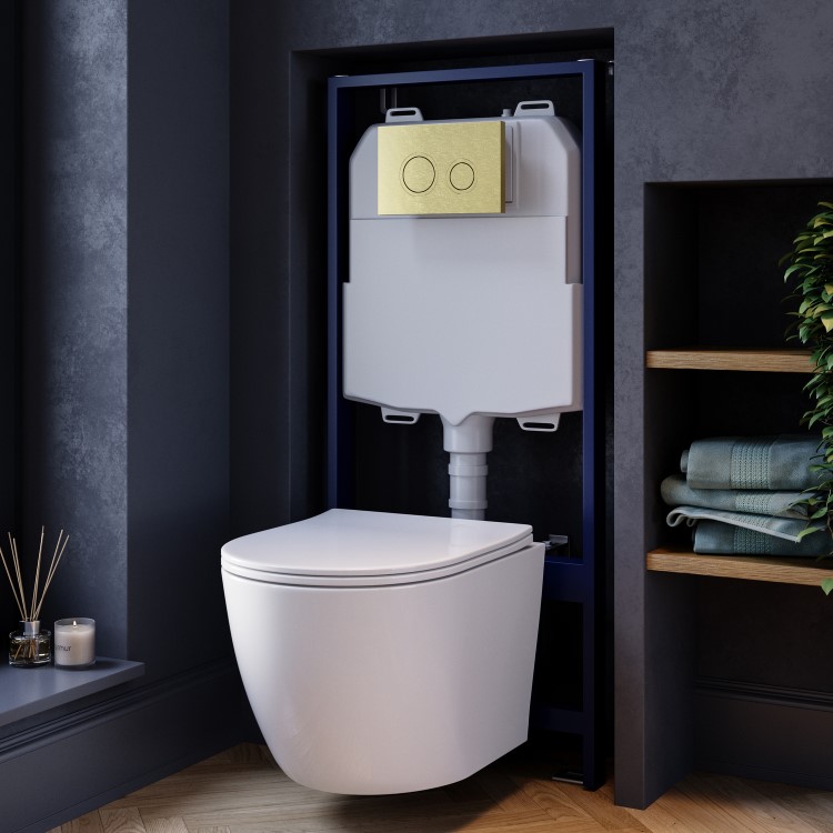 White Wall Hung Toilet with Soft Close Seat, Brushed Brass Mechanical Flush Plate with 1160mm Frame & Cistern - Roma