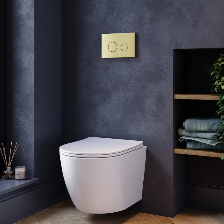 White Wall Hung Toilet with Soft Close Seat, Brushed Brass Mechanical Flush Plate with 1160mm Frame & Cistern - Roma