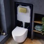 White Wall Hung Toilet with Soft Close Seat, Brushed Brass Mechanical Flush Plate with 1160mm Frame & Cistern - Roma