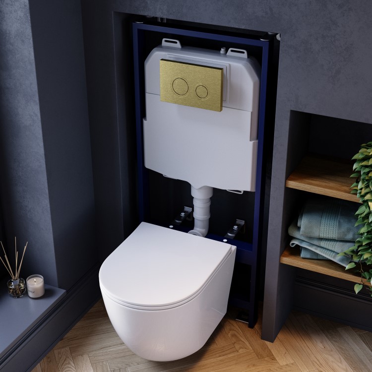 White Wall Hung Toilet with Soft Close Seat, Brushed Brass Mechanical Flush Plate with 1160mm Frame & Cistern - Roma