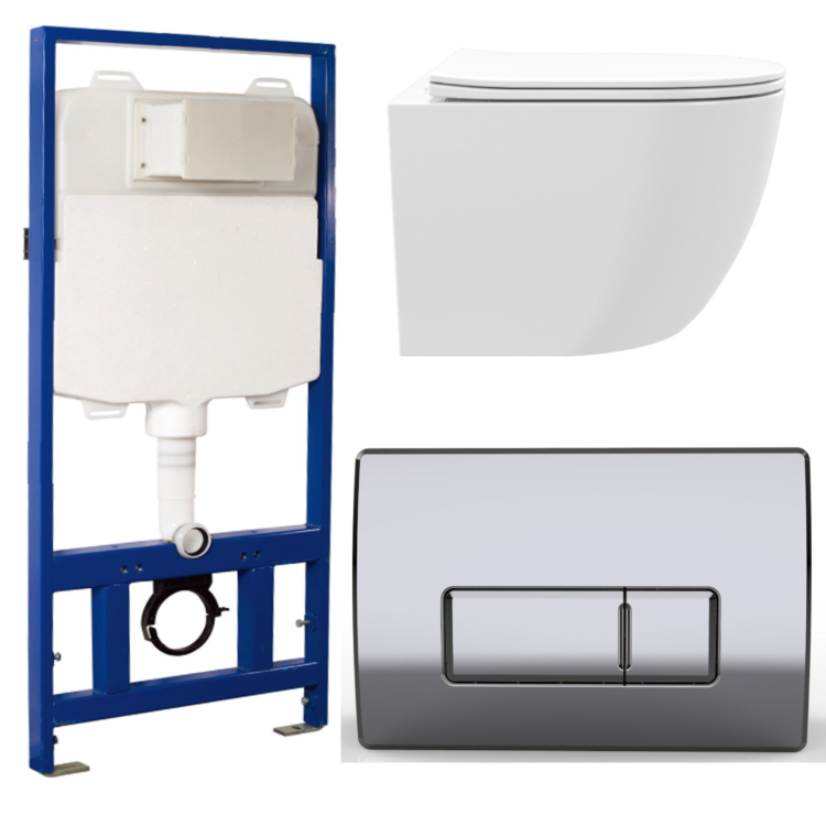 White Wall Hung Toilet with Soft Close Seat, Chrome Pneumatic Flush Plate, 1170mm Frame & Cistern - Roma