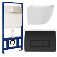 White Wall Hung Toilet with Close Seat, Black Pneumatic Flush Plate, 1170mm Frame & Cistern - Roma