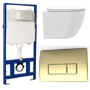 White Wall Hung Toilet with Soft Close Seat, Brushed Brass Pneumatic Flush Plate, 1170mm Frame & Cistern - Roma