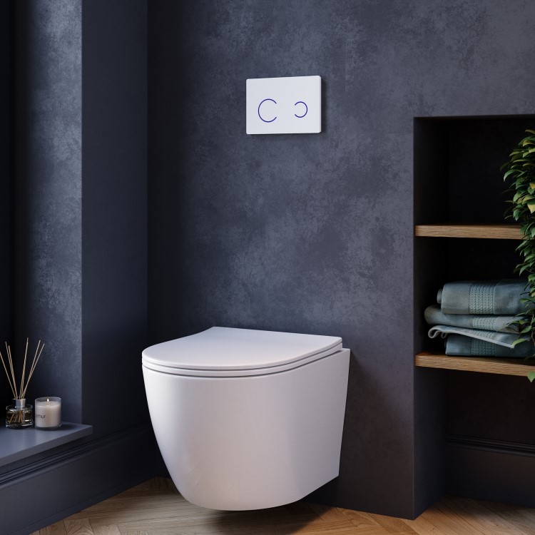 White Wall Hung Toilet with Soft Close Seat, White Glass Sensor Pneumatic Flush Plate, 1170mm Frame & Cistern - Roma