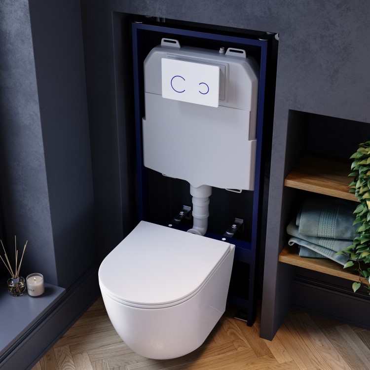 White Wall Hung Toilet with Soft Close Seat, White Glass Sensor Pneumatic Flush Plate, 1170mm Frame & Cistern - Roma