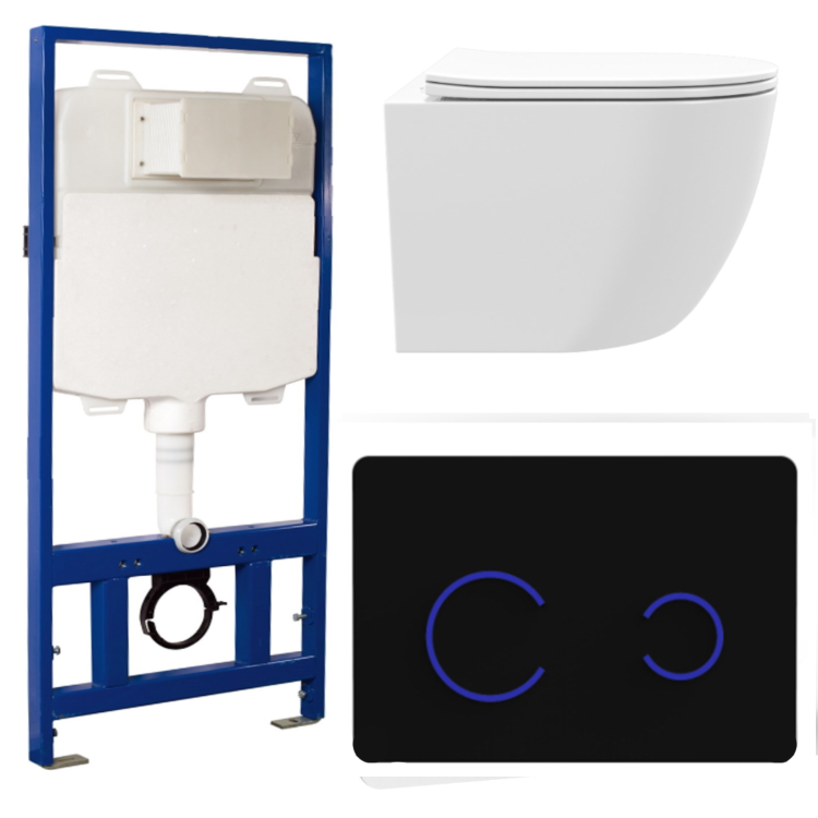 White Wall Hung Toilet with Soft Close Seat, Black Glass Sensor Pneumatic Flush Plate, 1170mm Frame & Cistern - Roma