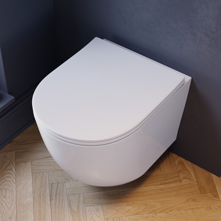 White Wall Hung Toilet with Soft Close Seat, Brushed Brass Pneumatic Flush Plate, 820mm Frame & Cistern - Roma