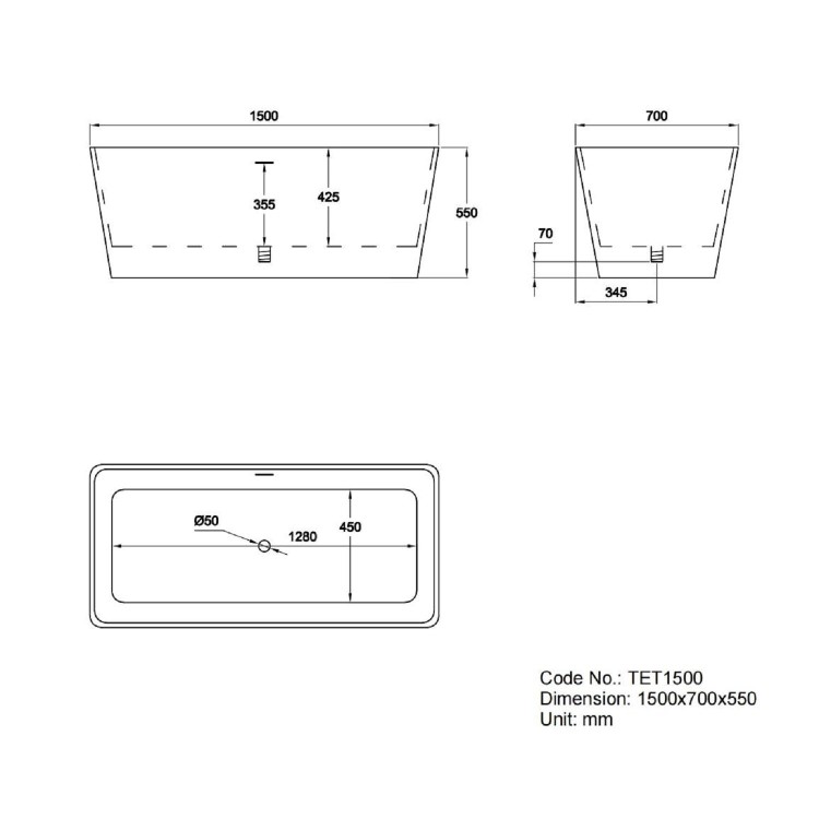 Modern Freestanding 1500mm Bath Suite with Toilet & Basin - Tetra