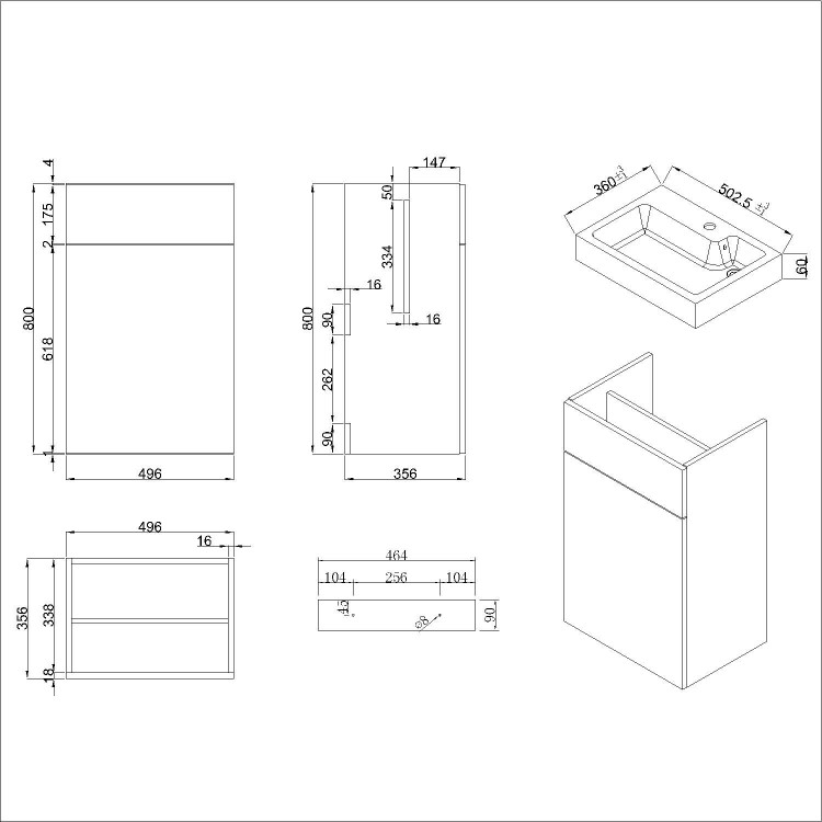 500mm Black Cloakroom Toilet and Sink Unit with Square Toilet and Black Fittings - Valetta