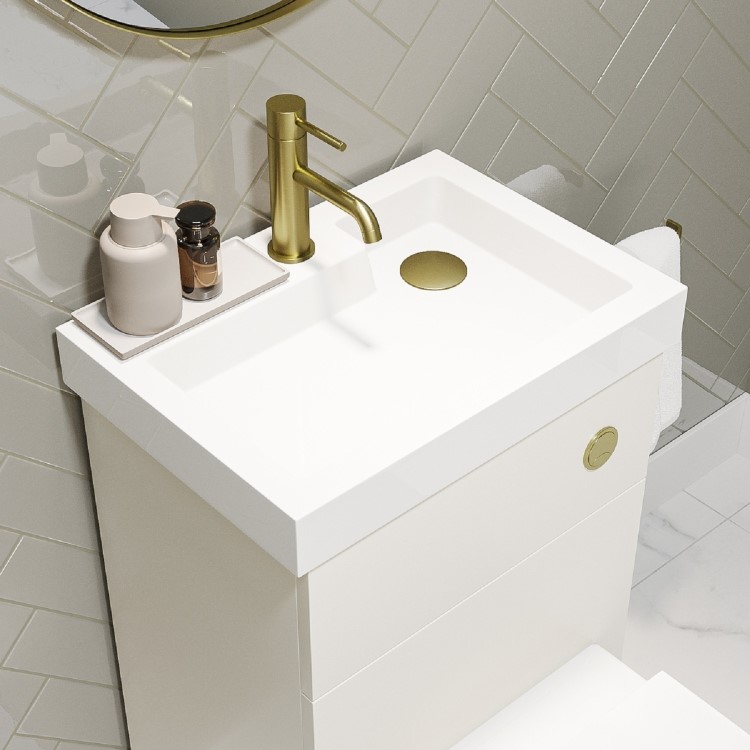 500mm White Cloakroom Toilet and Sink Unit with Square Toilet and Brushed Brass Fittings - Valetta