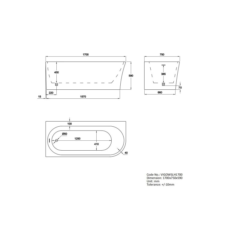 Freestanding Shower Bath Single Ended Left Corner with Brushed Brass Bath Screen 1500 x 800mm - Vigo