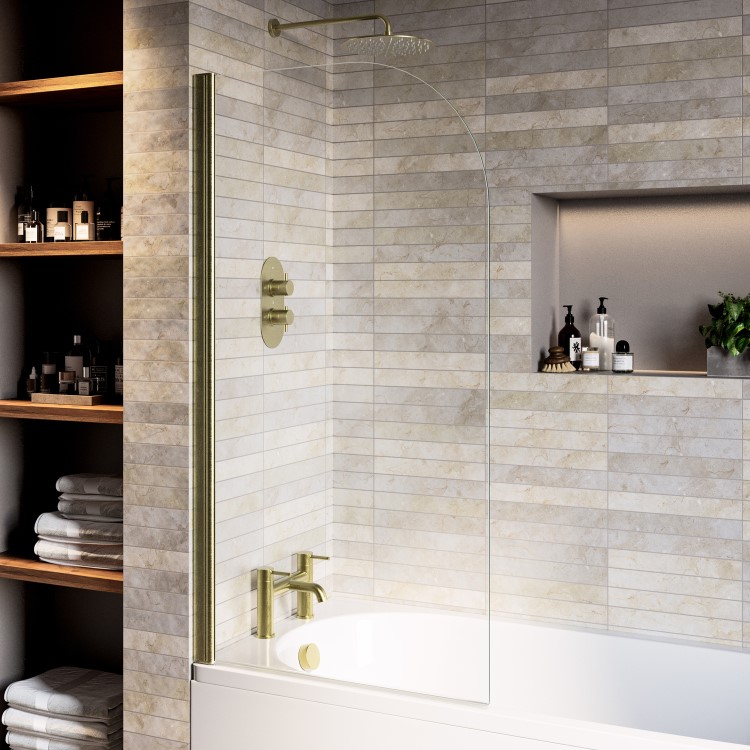 Freestanding Shower Bath Single Ended Left Corner with Brushed Brass Bath Screen 1500 x 800mm - Vigo