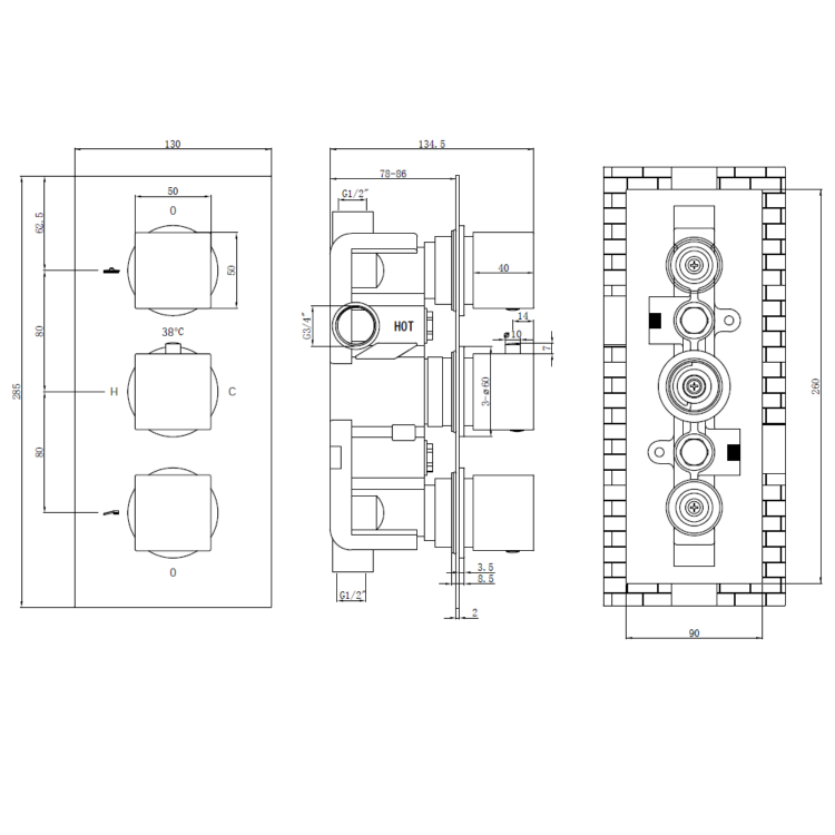 Brushed Brass Dual Outlet Wall Mounted Thermostatic Mixer Shower Set with Hand Shower - Zana