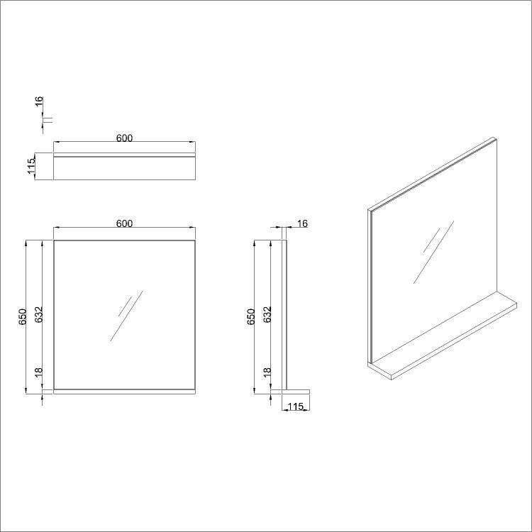 Rectangular White Oak Mirror With Shelf 600 x 650mm - Boston