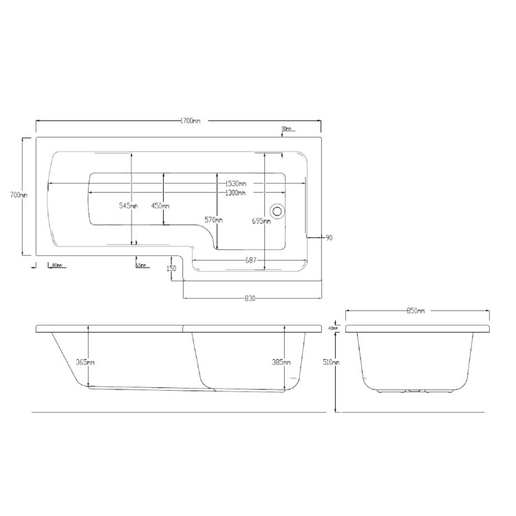 Lomax Right Hand L Shape Shower Bath - 1500 x 850mm