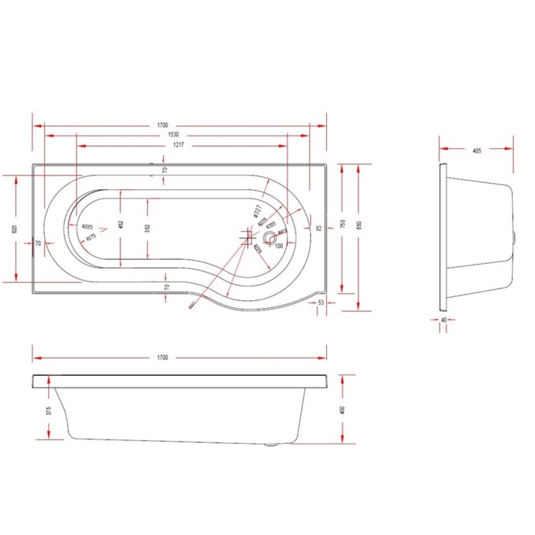 Portland Left Hand P Shape Shower Bath - 1700 x 850mm