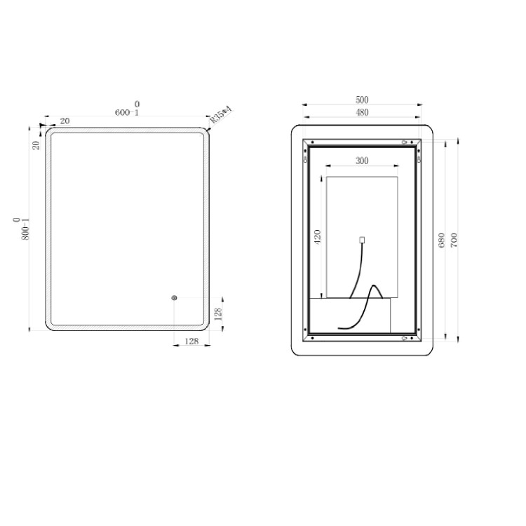 Rectangular Heated Bathroom Mirror with Lights 600 x 800mm - Ariel