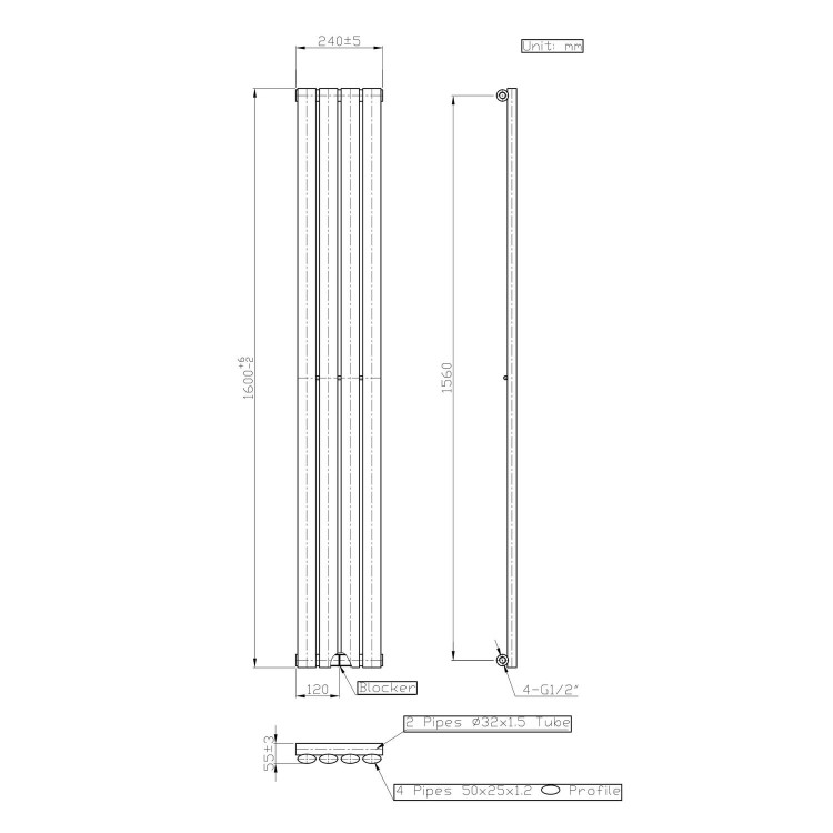 White Vertical Single Panel Radiator 1600 x 240mm - Margo