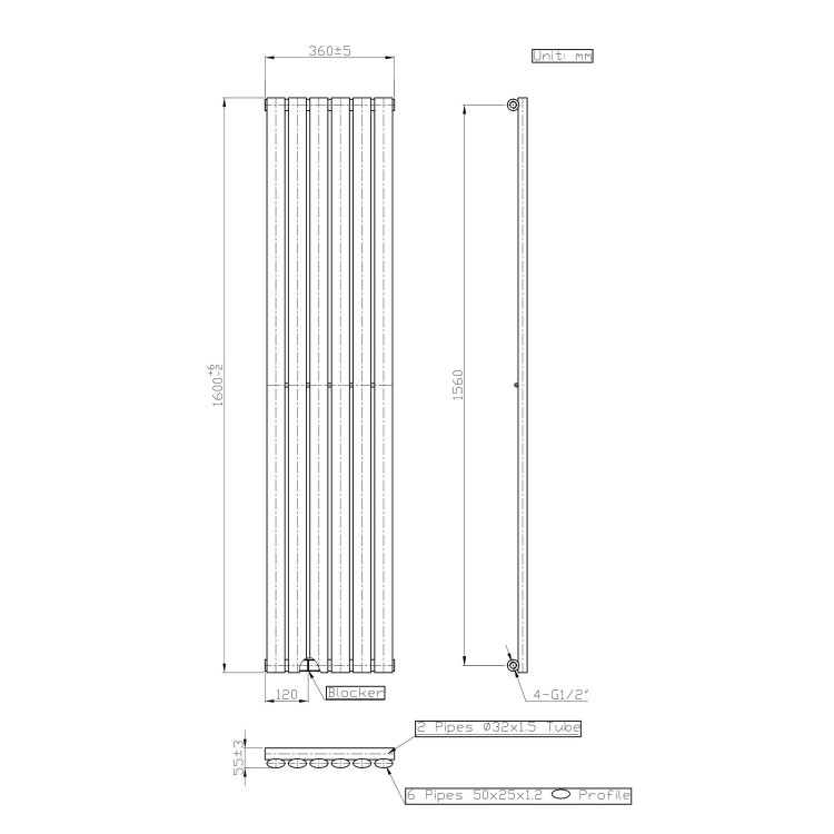 White Vertical Single Panel Radiator 1600 x 360mm - Margo