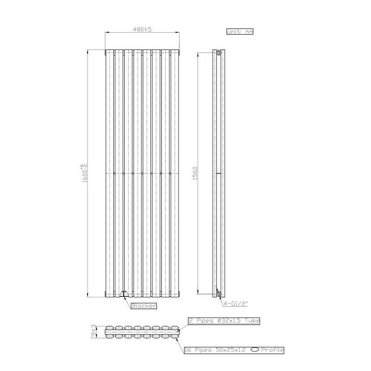 White Vertical Double Panel Radiator 1600 x 480mm - Margo