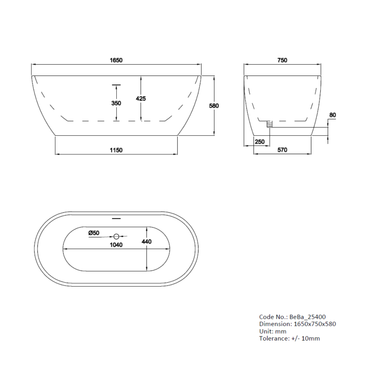 Matt White Freestanding Double Ended Bath 1645 x 745mm - Lisbon