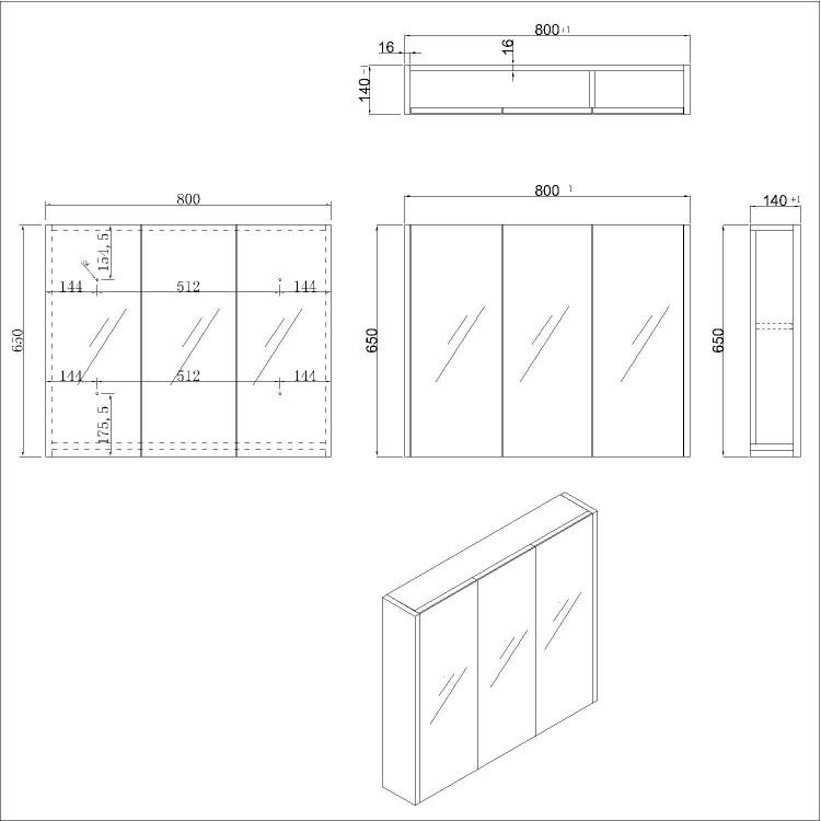 3 Door Grey Mirrored Bathroom Cabinet 800 x 650mm - Ashford