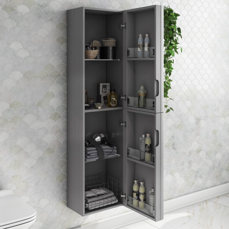 Double Door Grey Wall Mounted Tall Bathroom Cabinet 350 x 1400mm - Empire