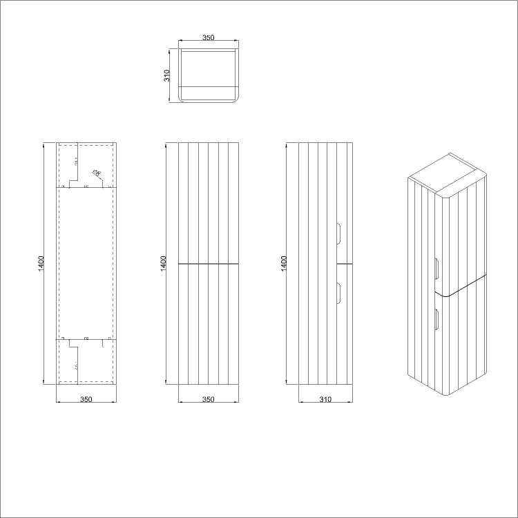 Double Door Grey Wall Mounted Tall Bathroom Cabinet 350 x 1400mm - Empire