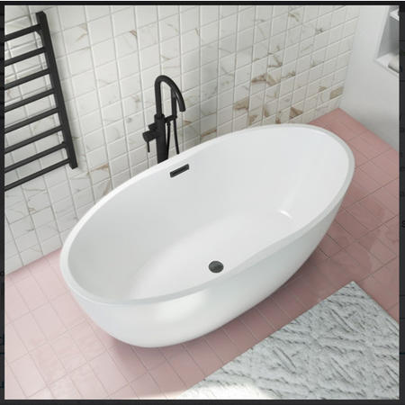 Alvor Matt White Oval Double Ended Freestanding Bath Black Waste & Overflow - 1500 x 720mm