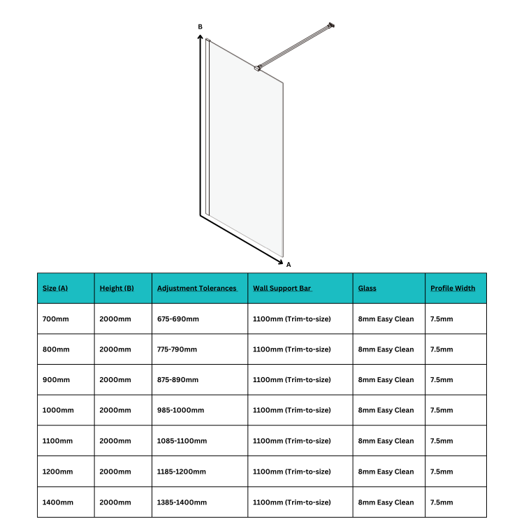 1000mm Wet Room Shower Screen Frameless with Wall Support Bar - Corvus