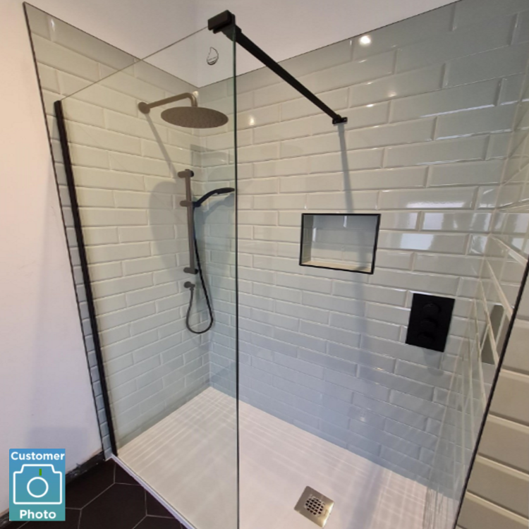 800mm Wet Room Shower Screen Black Frameless with Wall Support Bar - Corvus