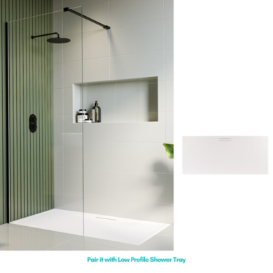 900mm Wet Room Shower Screen Black Frameless with Wall Support Bar - Corvus