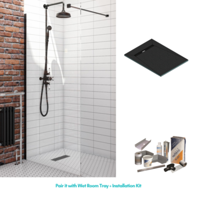 900mm Wet Room Shower Screen Black Frameless with Wall Support Bar - Corvus