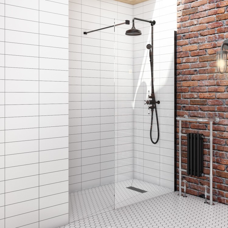 900mm Wet Room Shower Screen Black Frameless with Wall Support Bar - Corvus