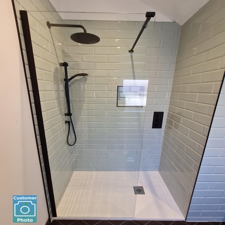 900mm Wet Room Shower Screen Black Frameless with Wall Support Bar - Corvus