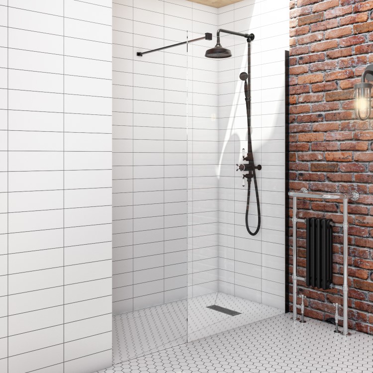 1100mm Wet Room Shower Screen Black Frameless with Wall Support Bar - Corvus