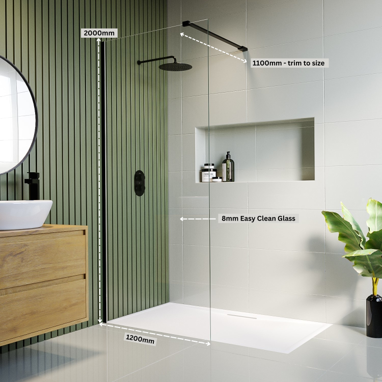 1200mm Wet Room Shower Screen Black Frameless with Wall Support Bar - Corvus