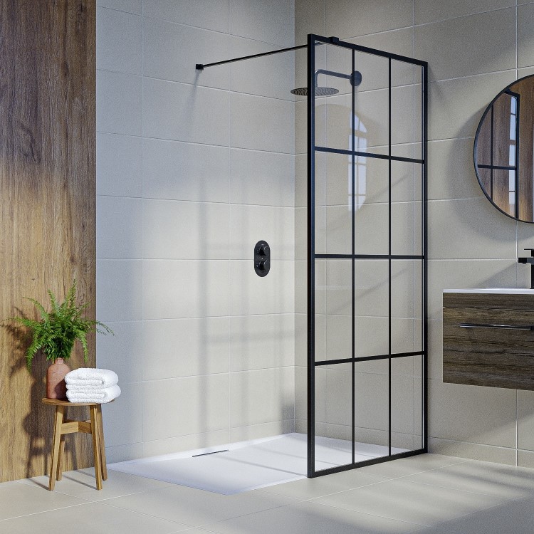 800mm Wet Room Shower Screen Black Grid Framework with Wall Support Bar - Nova