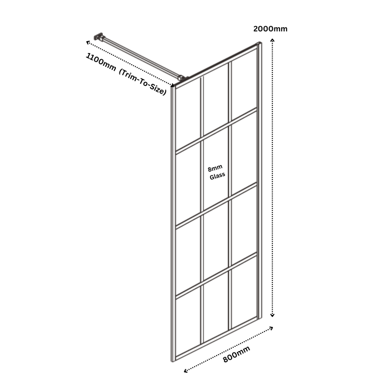 800mm Wet Room Shower Screen Black Grid Framework with Wall Support Bar - Nova