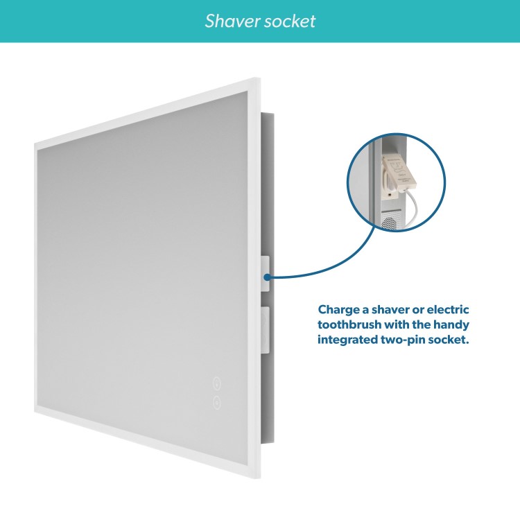 Rectangular Heated Bathroom Mirror with Lights Shaver Socket & Bluetooth Speaker 700 x 500mm - Divine