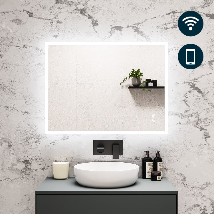 Rectangular Heated Bathroom Mirror with Lights Shaver Socket & Bluetooth Speaker 800 x 600mm - Divine