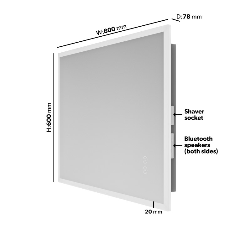 Rectangular Heated Bathroom Mirror with Lights Shaver Socket & Bluetooth Speaker 800 x 600mm - Divine